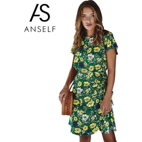 Women Summer Dress 2020 Floral Print Dress Tied Waist Irregular Hemline Short Sleeves Bohemian Holiday Beach Casual Short Dress