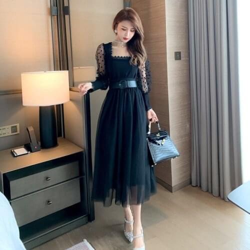2020 Autumn Winter Womans New Arrival Korean Corset Midi Black Print Polka Dot Mesh Patchwork Long Sleeve Elegant Dress Vestido