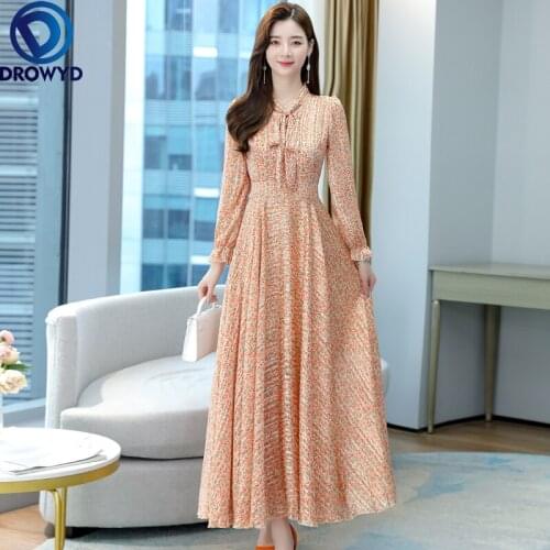 2021 Autumn Elegant Bow Collar Flower Printed Collect Waist Long Sleeve Women Long Pleated Chiffon Beach Dress Party Vestidos