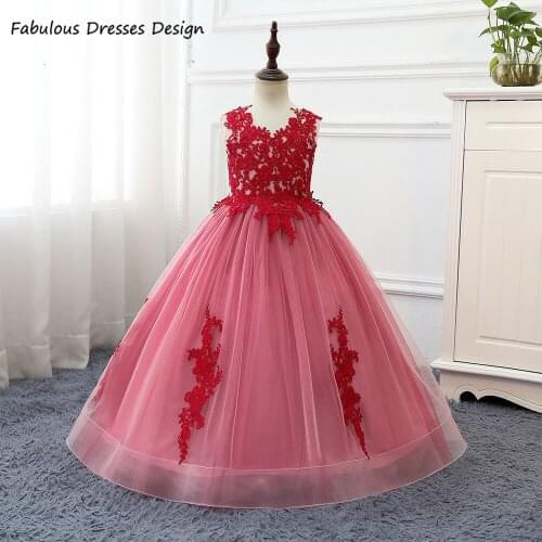2021 Red Applique Lace Flower Girls Dresses Long A-line V-neck Little Kids Birthday Dress Party Robe De Soirée De Mariage