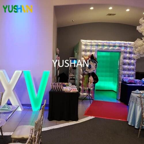 8FT Shiny Silver Photo booth Inflatable Photo booth Party Backdrop with RGB LED strip and Silver Curtain Inflatable Cabin Sales