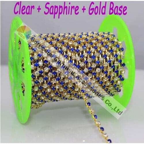 10y SS16 4mm Sapphire Royal Blue Alternated Clear Czech crystal rhinestone chain Diamond trim in Gold Silver For DIY Browbands