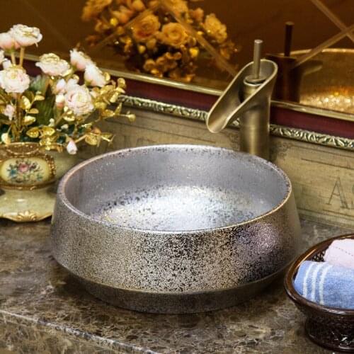 Europe style round shape sink Jingdezhen Art Counter Top ceramic lavabo sink Bathroom sink ceramic bathroom sink basin silver