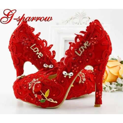 Red Lace Wedding Shoes High Heel Platform Bridal Dress Shoes Craftsman Mother of the Bride Shoes 11cm Prom Party Pumps Plus size