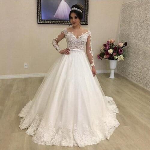Lace Princess Wedding Dresses Sheer Neck Illusion Long Sleeves Appliques Sweep Train Bridal Gowns Country Vestido De Noiva