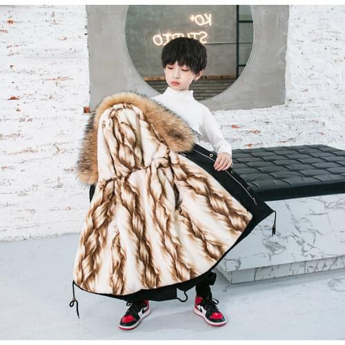 2021 Winter Kids Boys Faux Fur Liner Coat Thicken Warm Baby Jacket for Boys Hooded Long Coat Children Boys Casual Outwear W201