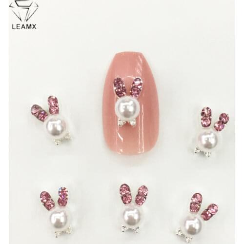 LEAMX 10 Pcs/bag Pearl Rabbit Head Nail Art Decoration Rhinestone Animal Rabbit Alloy 3D Nail DIY Tools For Manicure Decor L464