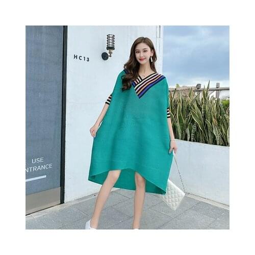 HOT SELLING Miyake fold V-neck Neckline stripes dress the half sleeve loose dress IN STOCK