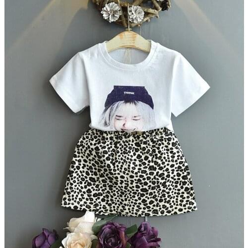 2021 summer new childrens sets Korean style girls print T-shirt leopard print bust skirt two-piece children clothing