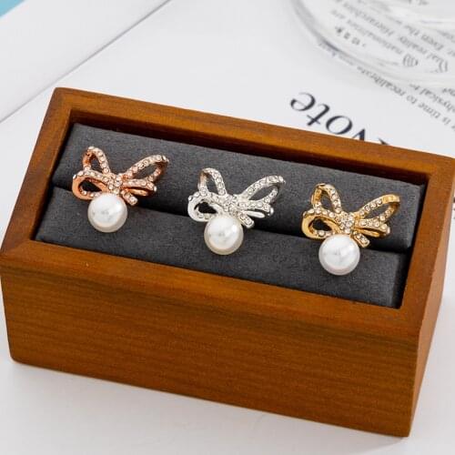 Jaeeyin 2021 New Arrivals Sweet Earrings Accessory Rose Gold Color Paved Cubic Zircon Ribbon Bow White Pearl Girls' Gift Jewelry