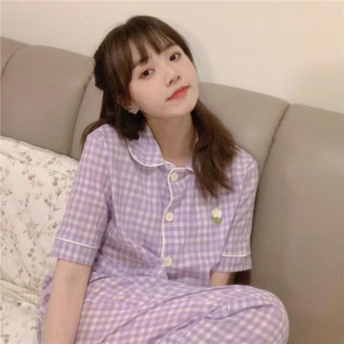 Qweek Pajamas for Teen Girls Korean Style Plaid Lapel Pyjamas Set Summer Night Homesuit Pijamas Sleepwear Home Clothes Cute
