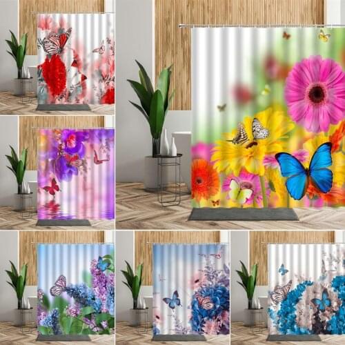 Colourful Butterfly Flower Shower Curtain Blue Purple Flowers Bathroom Set Spring Bath Curtain Waterproof Home Bathtub Partition