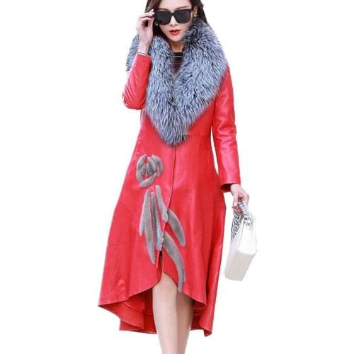 Womens PU Leather Jacket For Autumn Winter 2021 New Slim Big Fur Collar Long Leather Coat Female Outerwear Plus Size