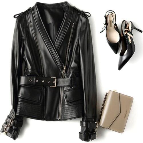Luxury Brand Real Sheepskin Leather Jacket Coat Women Black Ladies Genuine Leather Natural Sheep Motorcycle Jacket Female Belt