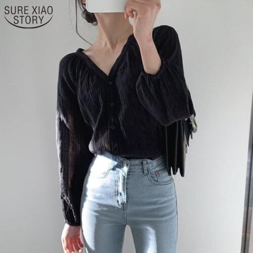 Korean Vintage Blouses Women Long Sleeve Puff Sleeve Shirt for Women V-neck Womens Clothing Loose Tops Women 2021 13509