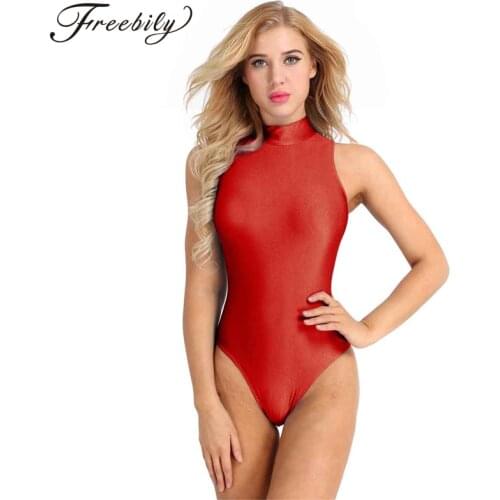 Women Adult One-piece Swimsuits Sleeveless Round Neck Stretch Solid High Cut Back Zipper Dance Leotard Bodysuit Bathing Suits