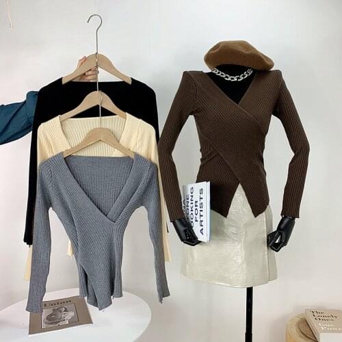 2021 Summer Women Long Sleeve Sexy Knitted Ruffles Basic Sweater Coat Shirt Lady Criss-Cross Elastic Slim Waist Chic Blouse Tops