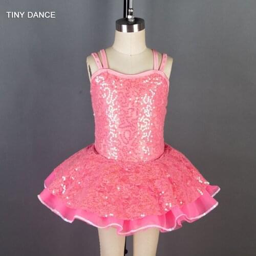 Hot Pink Girl Ballet Dance Tutu Double Straps Sequin Dress Performance Costume for Kids Dancing Dresses Ballerina Costumes 19213
