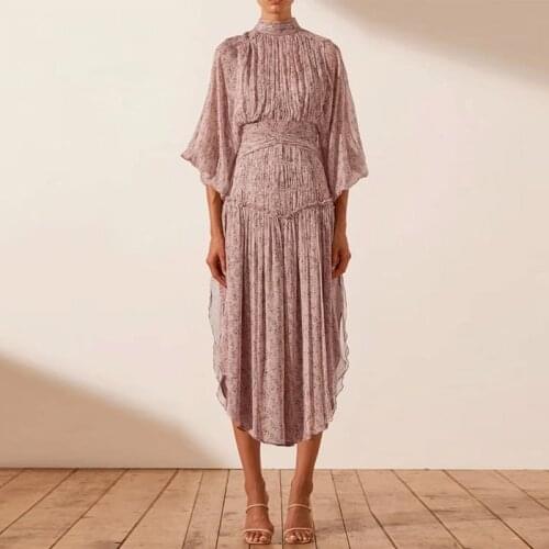 Women Chiffon Midi Summer Dress Split Lantern Sleeve Stand Collar Bow High Waist Tunic Casual Long Dress