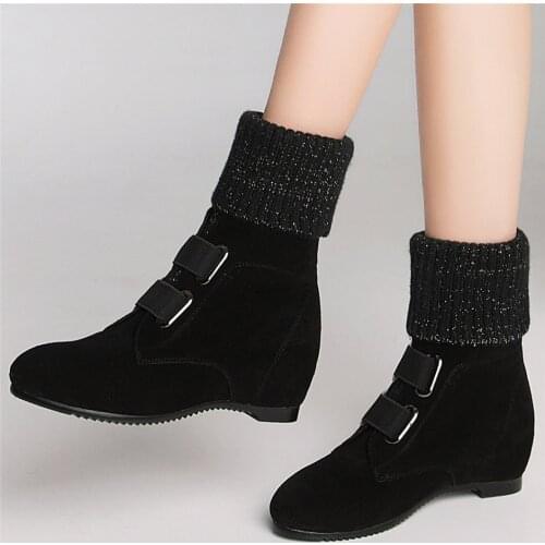 Knitting Casual Shoes Women Genuine Leather Wedges High Heel Ankle Boots Female Slip On High Top Round Toe Platform Pumps Shoes
