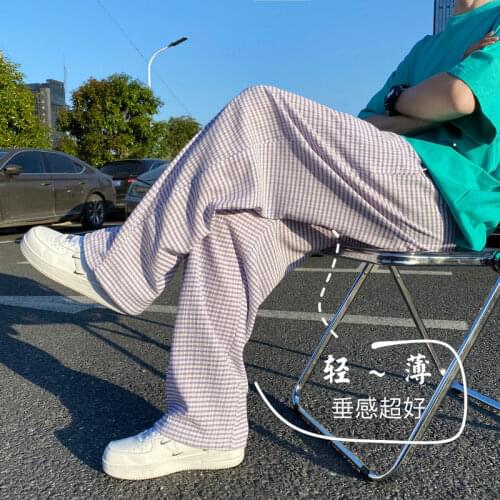 2021 Summer Mens Plaid Printing Cargo Casual Pants Baggy Trousers Streetwear Oversized Joggers Sweatpants Black Wide Leg Pants