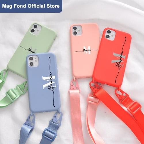 Custom Name Phone Case For iPhone 12 11 Pro Max 7 8 Plus X XR XS 2020 SE With Rope Customize Design letter Liquid Silicone Cover