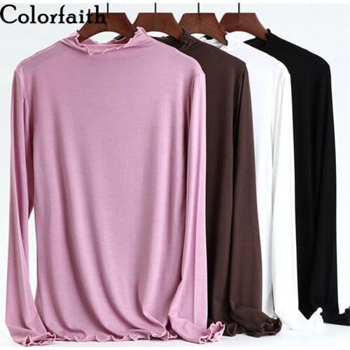 Colorfaith New 2021 Women Spring Autumn T-shirt Bottoming Basic Fashionable Korean Modal Wild Elasticity Lady Pink Tops T901AB