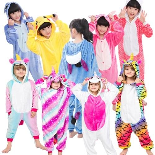 Childrens Winter Sleepwear Anime Unicorn Kugurumi Kids Baby Boys Gilrs Flannel Panda Stitch Onesies Pajamas 4-12 Years