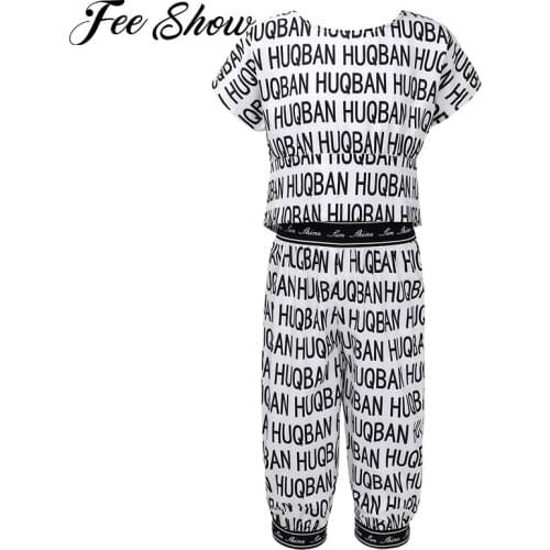 Kids Girls Summer Letters Print Casual Suit Tracksuits Round Neck Short Sleeves T-shirt and High Waist Pants Set Workout Clothes
