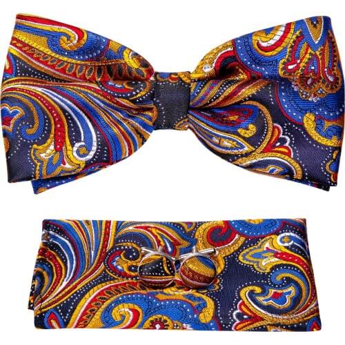 New Paisley Pre-Bowtie Adjustable Men Gold Butterfly Bow Ties For Men Silk Neckwear Hanky Cufflinks Set Collar Barry.Wang LH-927