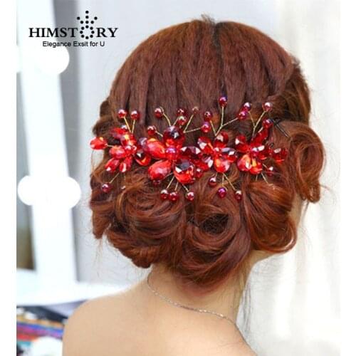 HIMSTORY Bridal Red Handmade Pearl Beads Crystal Hairwear Elegance Formal Dress Hair Accessory