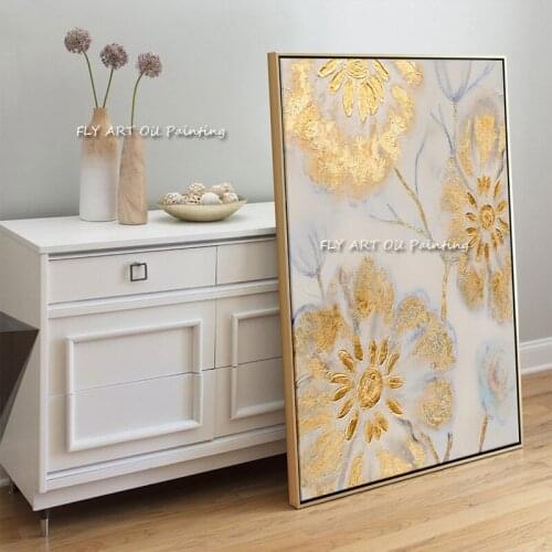 Gold Foil Flower Painting Handmade Flower Canvas Wall Art Oil Paintings Knife Wall Art Home Decor For Living Room As Unique Gift