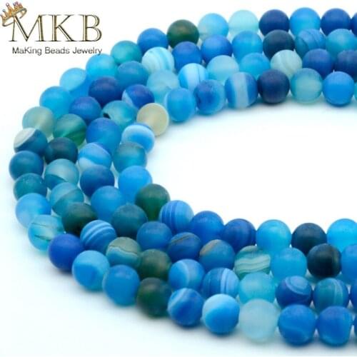 Natural Stone Matte Blue Banded Agates Round Beads For Jewelry Making 4 6 8 10 12mm Spacer Beads Diy Bracelet Wholesale 15inches