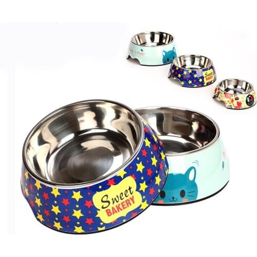 Cute Cartoon Stainless Steel Anti-skid Dog Bowls Water Dishes Puppy Feeder Feeding Foods Dish Bowl For Pet Cat Durable Non-toxic