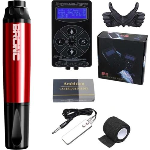 BRONC-V2 Mini Rotary Tattoo Machine Pen Swiss Motor Strong Quiet With HP-2 LCD Digtal Power Cartridge Needle Kit