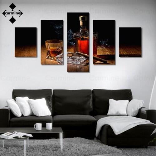 Wall Art Modular 5 Pieces Cigar and Red Wine Poster Hd Prints Home Decoration Painting Canvas Picture for Living Room Frameless