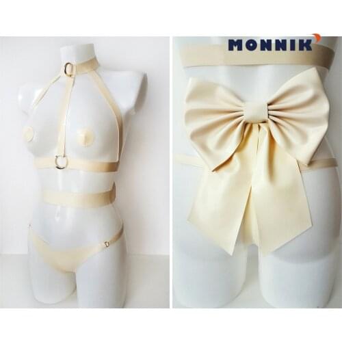 MONNIK latexPink and White Ladies Sexy Latex Underwear Set Bow Decoration