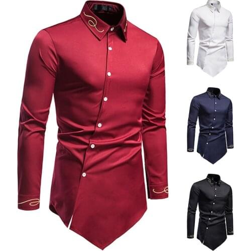 New Hollow Mens Trend Embroidered High-end Atmosphere Asymmetric Long-sleeved Personality Shirt