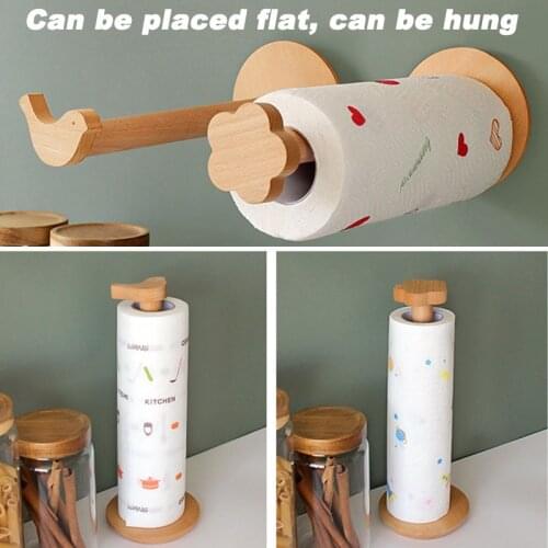 Wall-mounted Roll Paper Holder Cling Film Storage Shelf Kitchen Towel Rack Wooden Free-Perforation Install