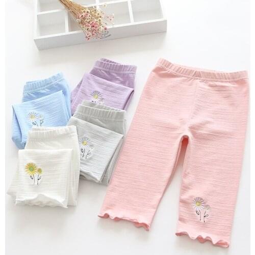 2 3 4 5 6 Years Girls Leggings Cotton Knee Length Pants Flower Embroidery Elastic Waist Skinny Kids Pants Toddler Girls Legging