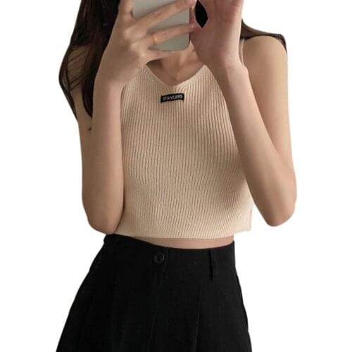 Sexy V Neck Camisole Vest Women Casual Letter Knitted Tank Top Summer Slim Camis