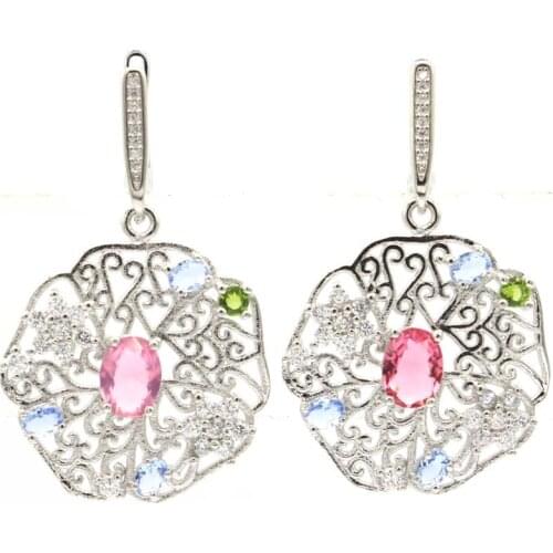 45x27mm Multi Color Tourmaline Peridot Violet Tanzanite CZ 925 Sterling Silver Earrings Drop Shipping