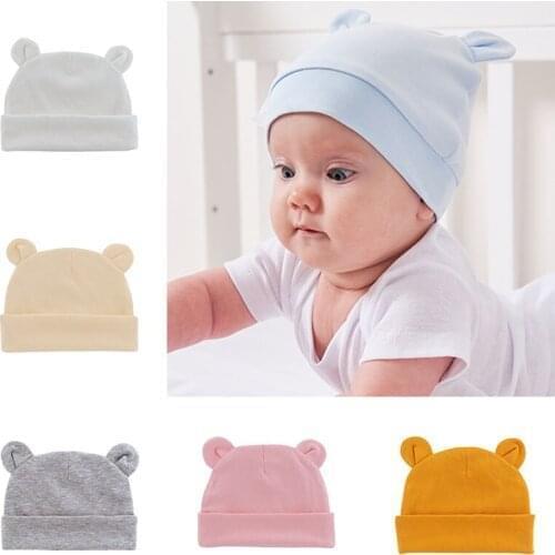 Autumn Winter Newborn Hat With Ears Solid Color Baby Boys Girls Hat Soft Cotton Infant Toddler Cap Beanies