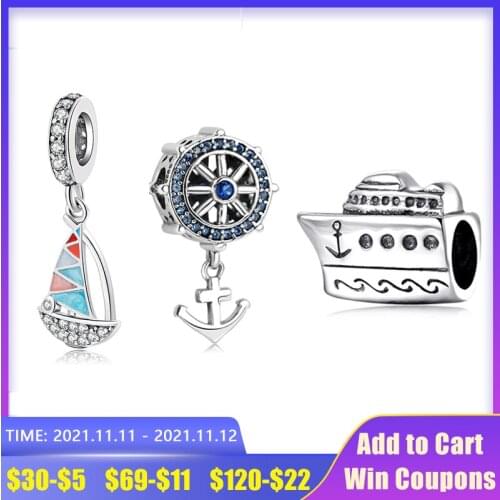Creative Anchor and steering wheel shape 925 Sterling Silver Blue CZ Bead Jewelry Making Fit Original AGATA Charm Bracelet DIY
