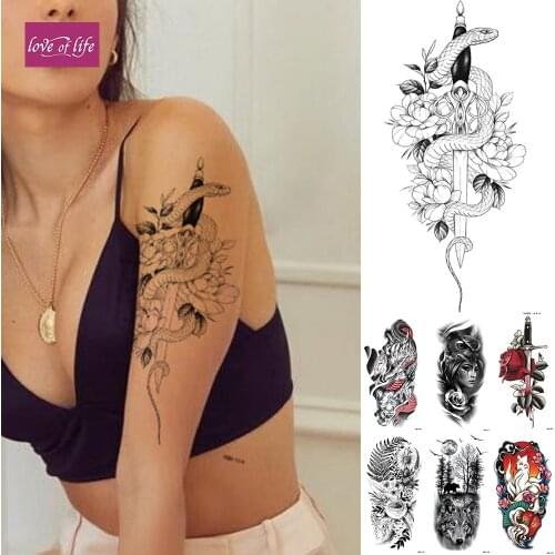 Snake Flower Rose Temporary Tattoo Sticker Flash Waterproof Tattoos Lace Fox Lion Body Art Arm Fake Sleeve Tattoo Women