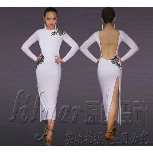 New Latin dance skirt competition skirt performance Skirt Adult custom childrens White Embroidered open back sexy dance skirt