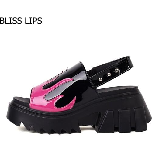 2021 Fish Mouth Platform Flame Pattern Women Shoes Round Toe Microfiber Female Pumps Spring Autumn Square High Heels
