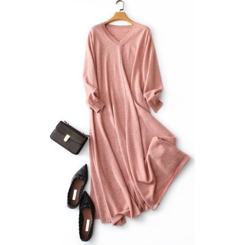 Autumn winter new style pink v neck womens 100% cashmere sweater dress