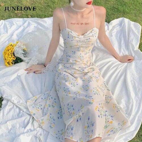 JuneLove French Retro V-Neck Strap White Floral Print Chiffon Dress Womem Vintage Sweet Midi Dress Ruffles Casual Dress 2021