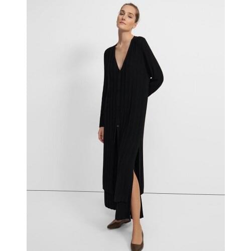 Th*** spring fall women V neck long sleeve vertical bar calf-length ankle wool knitting cardigan dress